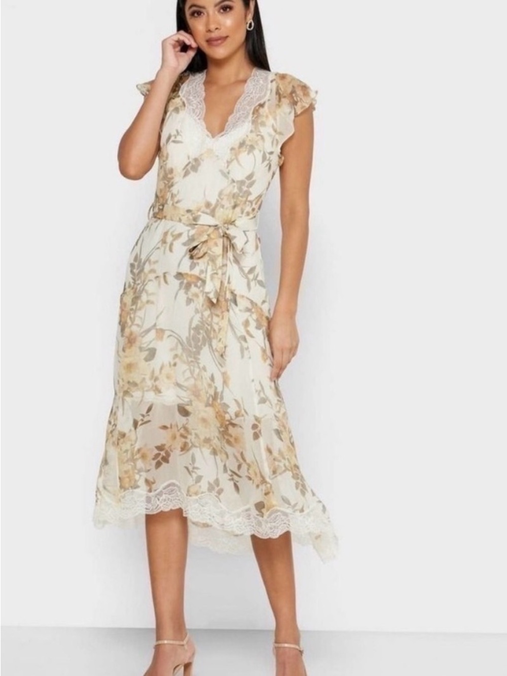 Reiss Emlin Floral Lace-Trim Midi Dress with Tie Waist, size 2 US/34 EU